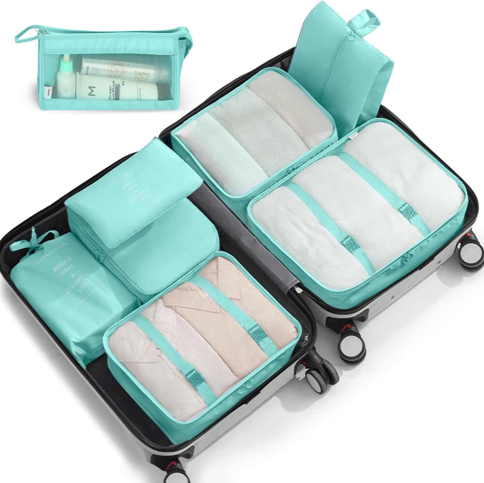 International travel packing cube set with organizer pouches